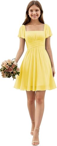 Short Junior Bridesmaid Dresses Square Neck Chiffon Flower Girl Dress Empire Flutter Sleeve Homecoming Gowns for Teens in Saudi Arabia