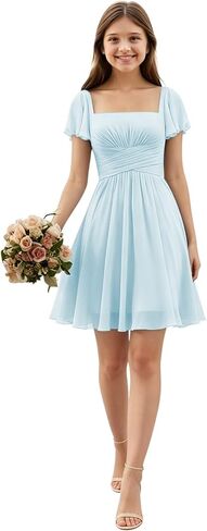 Short Junior Bridesmaid Dresses Square Neck Chiffon Flower Girl Dress Empire Flutter Sleeve Homecoming Gowns for Teens in Saudi Arabia