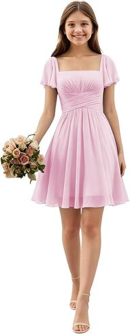 Short Junior Bridesmaid Dresses Square Neck Chiffon Flower Girl Dress Empire Flutter Sleeve Homecoming Gowns for Teens in Saudi Arabia