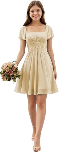 Short Junior Bridesmaid Dresses Square Neck Chiffon Flower Girl Dress Empire Flutter Sleeve Homecoming Gowns for Teens in Saudi Arabia