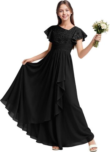 Junior Bridesmaid Dress Chiffon Short Sleeve Flower Girl Dresses V-Neck Princess Pageant Communion Formal Dress in Saudi Arabia