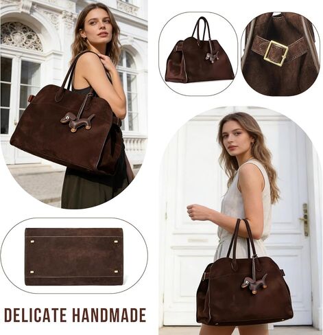 Genuine Suede Tote Bag for women, Purely Hand-Sewn Luxury HOBO Bag, with Puppy Charm and Card Holder in Saudi Arabia