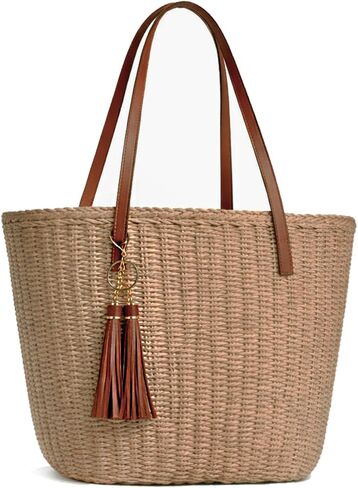 Large Straw Tote Bag for Women Summer Woven Beach Shoulder Handbag Travel Vacation Hobo Purse with Tassel in Saudi Arabia