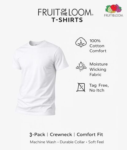 Fruit of the Loom Men's Crew Tee Undershirts, Moisture Wicking & Tag Free - White - 3 Pack Medium in Kuwait
