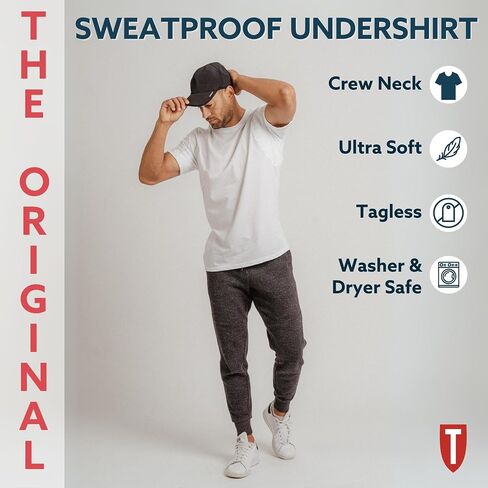 Men's Sweatproof Undershirt | Cotton Crew Neck | Original Fit | with Sweat Pads | White, Black | 4-PK Bundle | Large in Kuwait