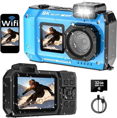 UHD 8K Underwater Camera, 70MP 33FT WiFi Waterproof Digital Camera with 64GB Card, Auto Focus Waterproof Dual-Screen Selfie 2500mAh Battery, 18X Floatable Digital for Snorkeling, Orange in Saudi Arabia