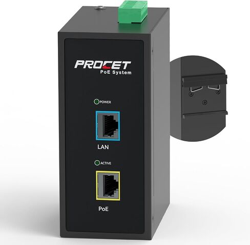 Procet Gigabit PoE+ Injector Din Rail, 30W Industrial PoE Adapter with Wide Temp -40°F to 149°F, 6KV Surge Protection, AC/DC Input, IEEE802.3af/802.3at, PT-PSE105G-AC in Kuwait