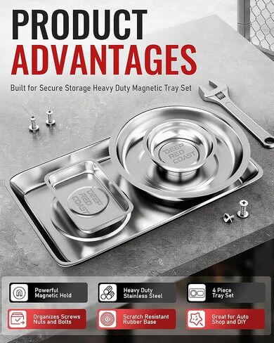 Magnetic Tray 4 Pack, Stainless Steel Magnetic Parts Tray Set, 3 Inch and 6 Inch Round Trays, Square Tray and Shallow Tray, Magnetic Tool Tray for Nuts Bolts Screws, Black in Saudi Arabia