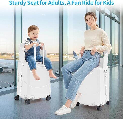 TABU 20" Ride on Luggage with Foldable Seat，Front-Opening Carry On Suitcase with Built-in USB & Type-C Port, TSA Lock and 360° Silent Spinner, for Kids & Adults, White in Saudi Arabia