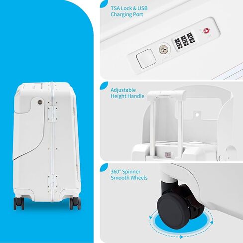 TABU 20" Ride on Luggage with Foldable Seat，Front-Opening Carry On Suitcase with Built-in USB & Type-C Port, TSA Lock and 360° Silent Spinner, for Kids & Adults, White in Saudi Arabia