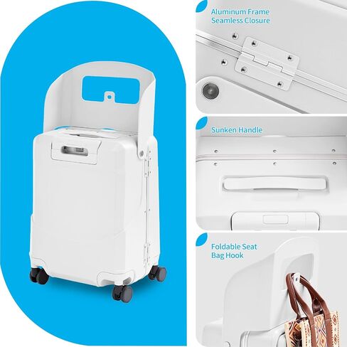 TABU 20" Ride on Luggage with Foldable Seat，Front-Opening Carry On Suitcase with Built-in USB & Type-C Port, TSA Lock and 360° Silent Spinner, for Kids & Adults, White in Saudi Arabia