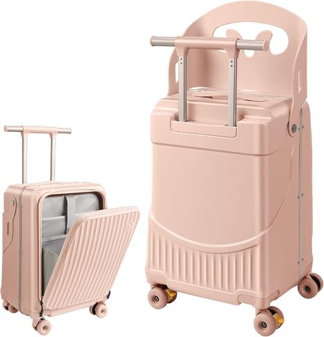 22" Kids Suitcase with Seat and Safety Belt, Ride On Luggage for Boys & Girls, Hardside Suitcase with Phone Holder, Cup Holder & Brake Wheels for Airplane Travel,Pink in Kuwait