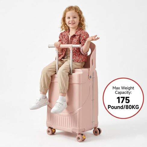 22" Kids Suitcase with Seat and Safety Belt, Ride On Luggage for Boys & Girls, Hardside Suitcase with Phone Holder, Cup Holder & Brake Wheels for Airplane Travel,Pink in Kuwait