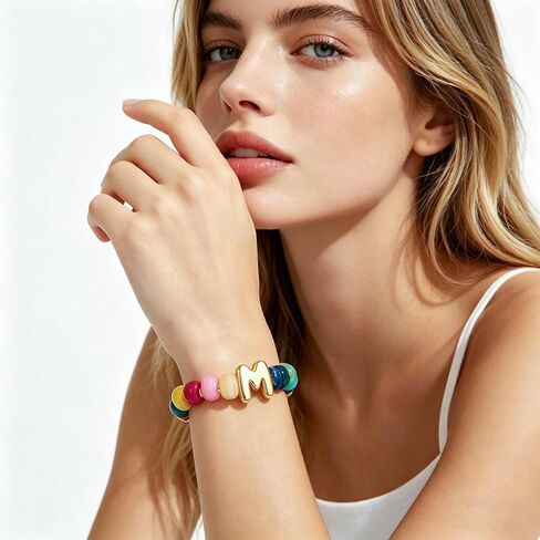 WOWORAMA Colorful Initial Bracelets for Women Rainbow Chunky Beaded Bracelet Stretch Bubble Letter A to Z Bracelet Stackable Acrylic Resin Bracelets Personalized Jewelry in Kuwait