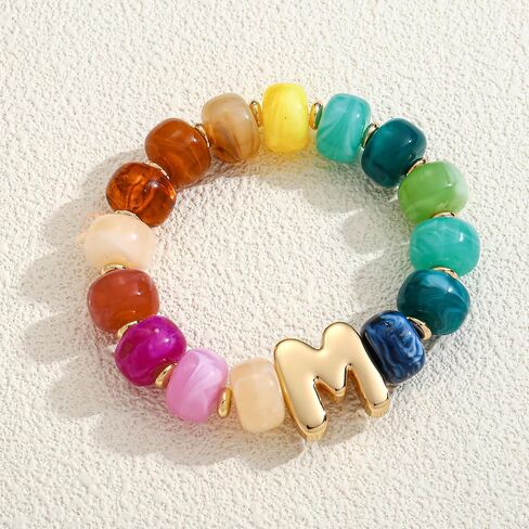 WOWORAMA Colorful Initial Bracelets for Women Rainbow Chunky Beaded Bracelet Stretch Bubble Letter A to Z Bracelet Stackable Acrylic Resin Bracelets Personalized Jewelry in Kuwait