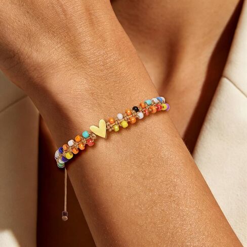 Beaded Bracelet for Women, Double Layer Colorful Seed Bead Bracelet with Heart Charm, Handmade Boho Stackable Bracelet, Adjustable Friendship Jewelry Gift for Women in Saudi Arabia