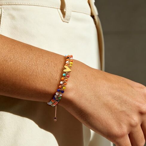 Beaded Bracelet for Women, Double Layer Colorful Seed Bead Bracelet with Heart Charm, Handmade Boho Stackable Bracelet, Adjustable Friendship Jewelry Gift for Women in Saudi Arabia
