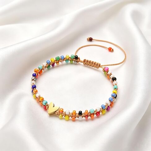Beaded Bracelet for Women, Double Layer Colorful Seed Bead Bracelet with Heart Charm, Handmade Boho Stackable Bracelet, Adjustable Friendship Jewelry Gift for Women in Saudi Arabia