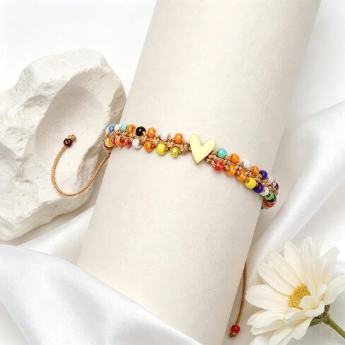 Beaded Bracelet for Women, Double Layer Colorful Seed Bead Bracelet with Heart Charm, Handmade Boho Stackable Bracelet, Adjustable Friendship Jewelry Gift for Women in Saudi Arabia