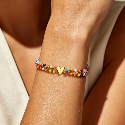 Beaded Bracelet for Women, Double Layer Colorful Seed Bead Bracelet with Heart Charm, Handmade Boho Stackable Bracelet, Adjustable Friendship Jewelry Gift for Women in Saudi Arabia