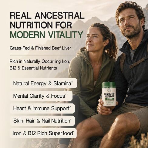 Grass Fed Beef Liver Capsules 3000mg Desiccated Liver Supplement 100% Pasture Raised & Freeze Dried Natural Iron, Vitamin A & B12 for Energy Non-GMO, No Fillers 180 Count in Saudi Arabia