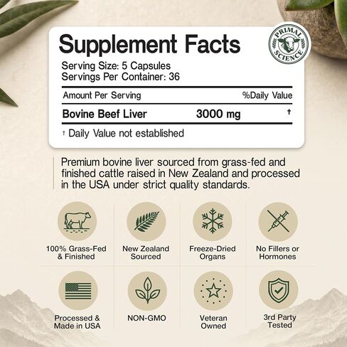 Grass Fed Beef Liver Capsules 3000mg Desiccated Liver Supplement 100% Pasture Raised & Freeze Dried Natural Iron, Vitamin A & B12 for Energy Non-GMO, No Fillers 180 Count in Saudi Arabia
