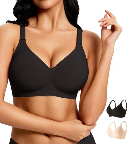 Jelly Bras for Women 2 Pack - Wireless Push Up Seamless Bra V Neck No Underwire Padded Comfortable Tshirt Bralettes in Saudi Arabia