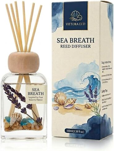 Sea Salt Reed Diffuser for Bathroom & Bedroom - 3.38 Fl Oz, Ocean Breeze Home Fragrance for Women, Coastal Beach Decor with Seashells, Spa Aromatherapy, Non-Toxic Long Lasting & Gift Ready in Saudi Arabia