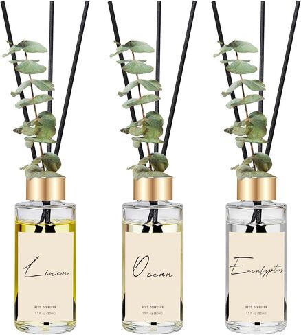 Reed Diffuser Set of 3, Eucalyptus, Linen & Ocean Scented Oil Diffusers with 15 Reeds, Long-Lasting Home Fragrance for Bedroom & Bathroom Decor, 1.7 fl oz Each, Total 5.1 oz in Saudi Arabia