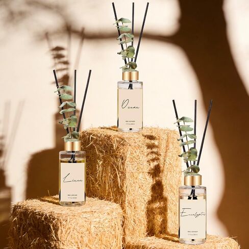 Reed Diffuser Set of 3, Eucalyptus, Linen & Ocean Scented Oil Diffusers with 15 Reeds, Long-Lasting Home Fragrance for Bedroom & Bathroom Decor, 1.7 fl oz Each, Total 5.1 oz in Saudi Arabia