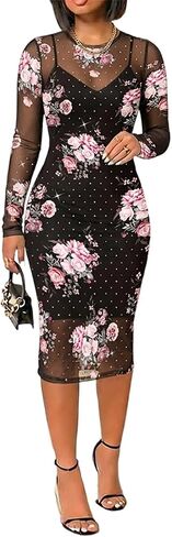 CHICME Women's Leopard Print Mesh 2 Piece Dress Set 2026 Rhinestone Sheer Bodycon Midi Dress with Liner for Party Night Out in Kuwait