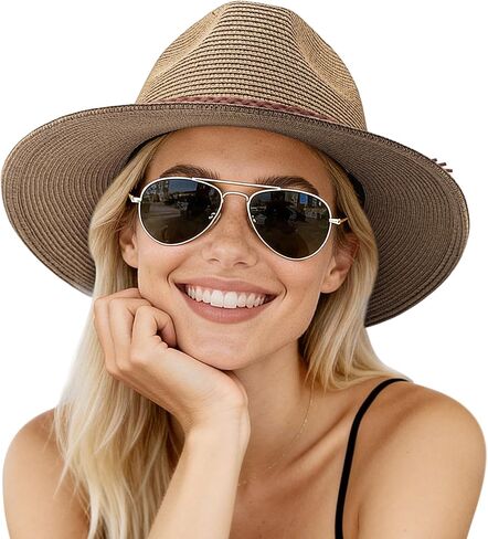 AQOKKA Summer Sun Hats for Women Straw Panama Hat with Wide Brim Roll Up Travel Fedora Beach Hat for Women Men UPF 50+ in Kuwait