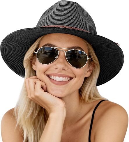 AQOKKA Summer Sun Hats for Women Straw Panama Hat with Wide Brim Roll Up Travel Fedora Beach Hat for Women Men UPF 50+ in Kuwait