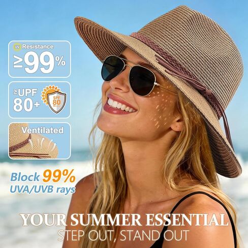 AQOKKA Summer Sun Hats for Women Straw Panama Hat with Wide Brim Roll Up Travel Fedora Beach Hat for Women Men UPF 50+ in Kuwait