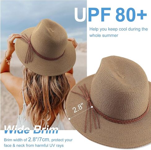 AQOKKA Summer Sun Hats for Women Straw Panama Hat with Wide Brim Roll Up Travel Fedora Beach Hat for Women Men UPF 50+ in Kuwait