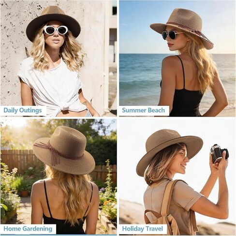 AQOKKA Summer Sun Hats for Women Straw Panama Hat with Wide Brim Roll Up Travel Fedora Beach Hat for Women Men UPF 50+ in Kuwait