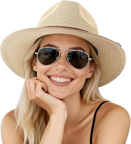 AQOKKA Summer Sun Hats for Women Straw Panama Hat with Wide Brim Roll Up Travel Fedora Beach Hat for Women Men UPF 50+ in Kuwait