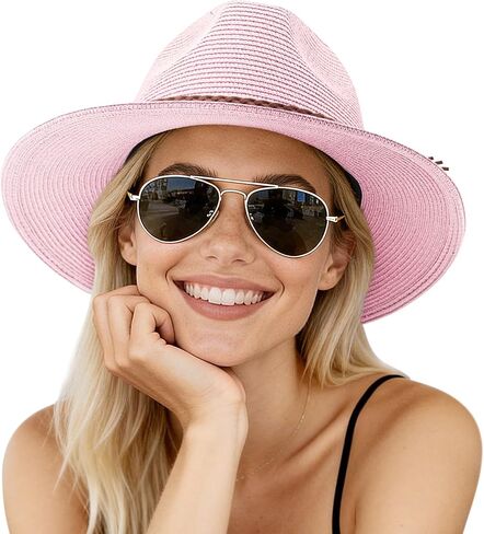 AQOKKA Summer Sun Hats for Women Straw Panama Hat with Wide Brim Roll Up Travel Fedora Beach Hat for Women Men UPF 50+ in Kuwait