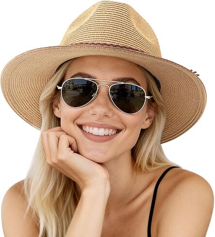 AQOKKA Summer Sun Hats for Women Straw Panama Hat with Wide Brim Roll Up Travel Fedora Beach Hat for Women Men UPF 50+ in Kuwait