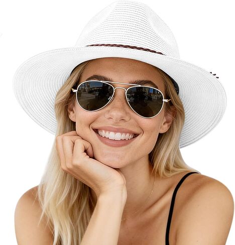 AQOKKA Summer Sun Hats for Women Straw Panama Hat with Wide Brim Roll Up Travel Fedora Beach Hat for Women Men UPF 50+ in Kuwait