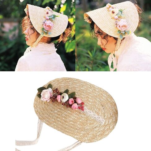 Handmade Women 1800s Victorian Wedding Bonnet Hat Vintage Flowers Beach for Sun Cap Straw Weaving Hats in Saudi Arabia