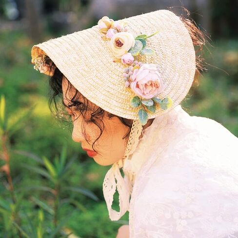 Handmade Women 1800s Victorian Wedding Bonnet Hat Vintage Flowers Beach for Sun Cap Straw Weaving Hats in Saudi Arabia