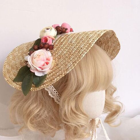 Handmade Women 1800s Victorian Wedding Bonnet Hat Vintage Flowers Beach for Sun Cap Straw Weaving Hats in Saudi Arabia