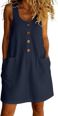 Womens Summer Dress Loose Fit Sleeveless Button Casual Sundresses with Pockets Vacation Solid Color Tank Dresses in Kuwait