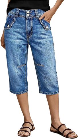 Flamingals Womens Barrel Leg Capri Jeans High Waist Knee Length Dual Button Casual Summer Casual Denim Jeans for Women in Kuwait