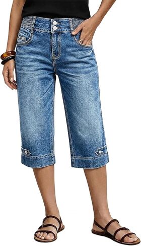 Flamingals Womens Barrel Leg Capri Jeans High Waist Knee Length Dual Button Casual Summer Casual Denim Jeans for Women in Kuwait