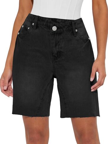 ANRABESS Womens Bermuda Jean Shorts 2026 Summer Knee Length Stretchy Crossover Wide Leg Mid Waisted Casual Denim Shorts Jorts in Kuwait