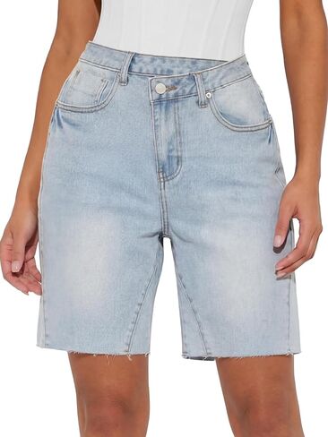 ANRABESS Womens Bermuda Jean Shorts 2026 Summer Knee Length Stretchy Crossover Wide Leg Mid Waisted Casual Denim Shorts Jorts in Kuwait