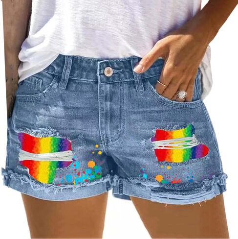 Rainbow Patch Ripped Denim Shorts for Women in Saudi Arabia