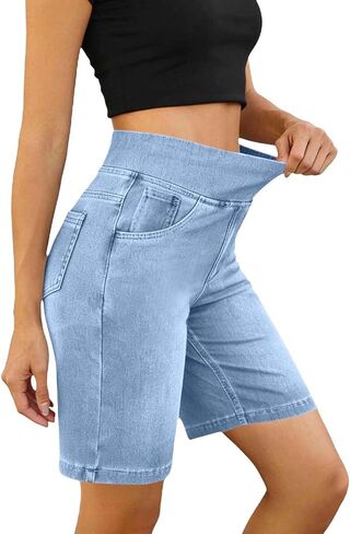 SHOPESSA Bermuda Jean Shorts Women Tummy Control High Waisted Stretchy Pull On Denim Shorts Knee Length Jorts with Pockets in Saudi Arabia